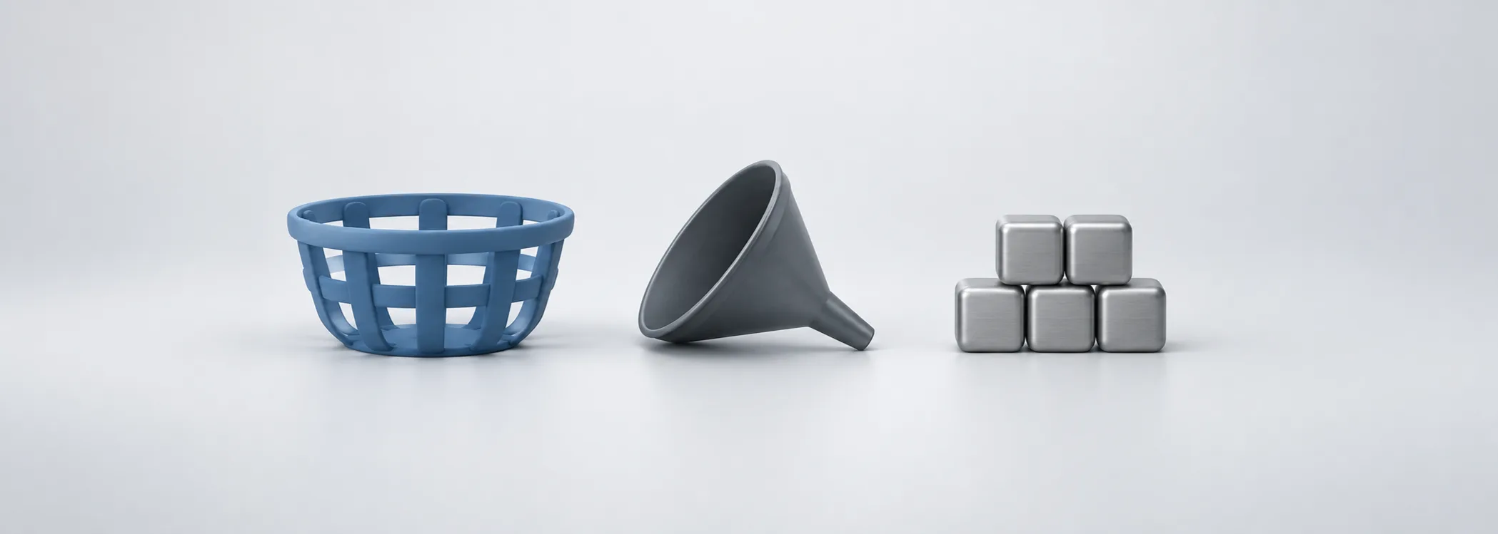 A steel-blue basket, graphite funnel and silver cubes represent the rules that select stocks for an ETF.