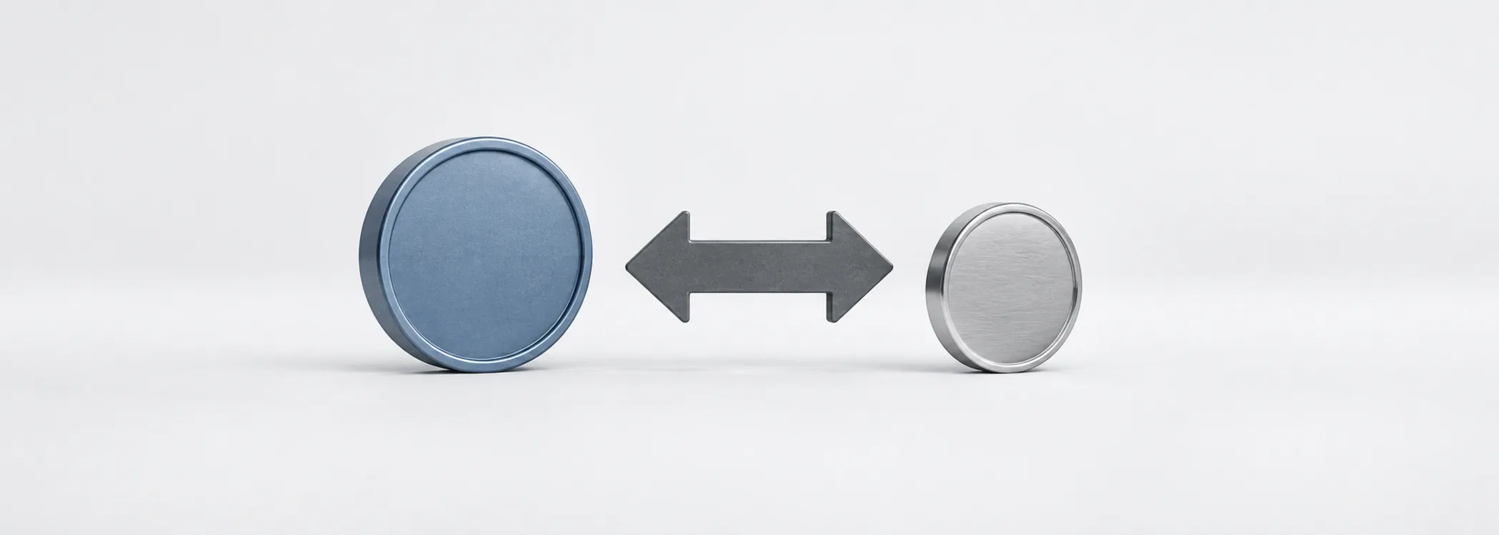A steel-blue coin and a smaller silver coin beside a graphite two-way arrow, representing currency exchange.