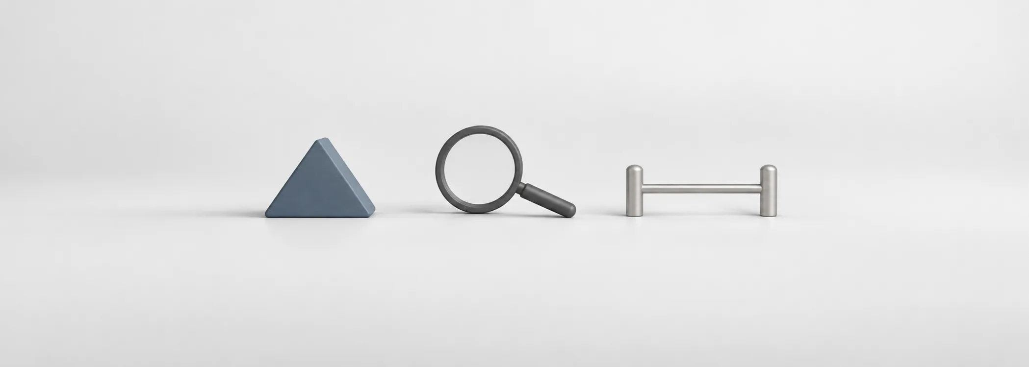 A steel-blue prism, graphite magnifying glass, and silver range bracket represent several views of one valuation.
