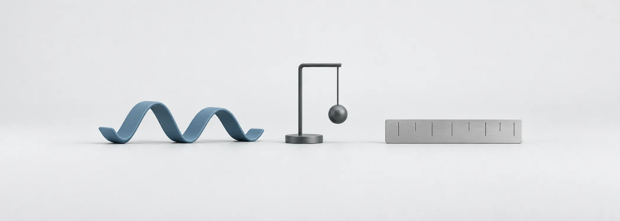 A steel-blue wavy ribbon, graphite pendulum and silver ruler represent market swings and ways to measure them.