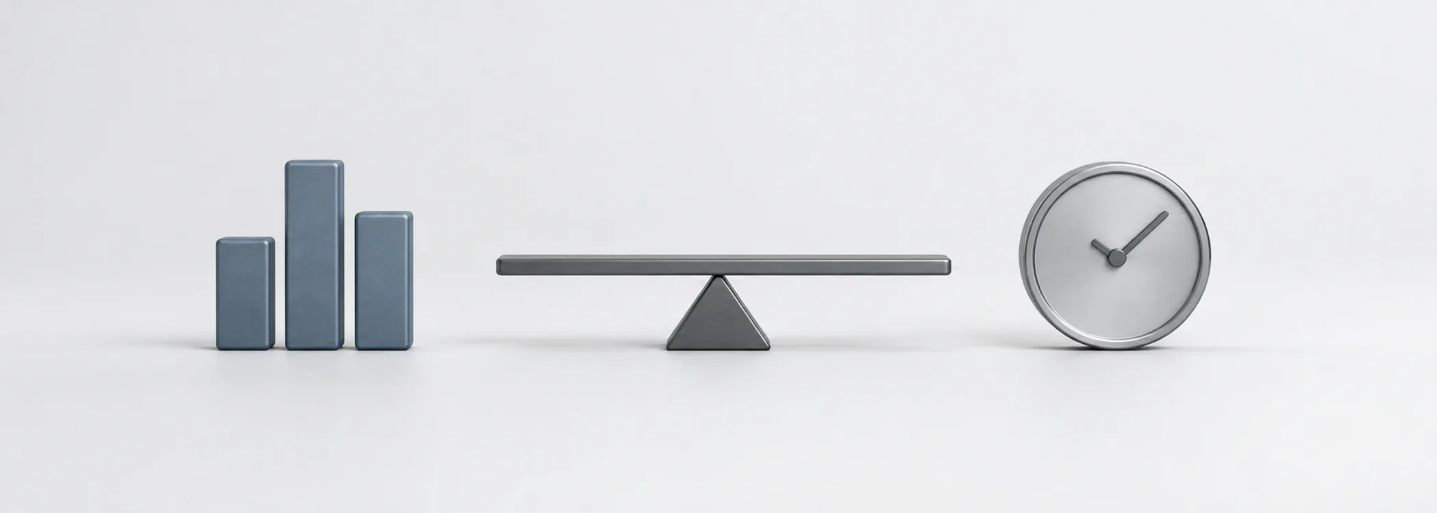 Three steel-blue bars, a graphite balance beam and a silver clock represent trading activity measured against a baseline and time.