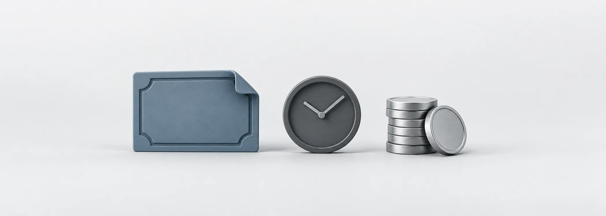 A steel-blue loan note, graphite clock and silver coins represent lending money for interest over a fixed term.