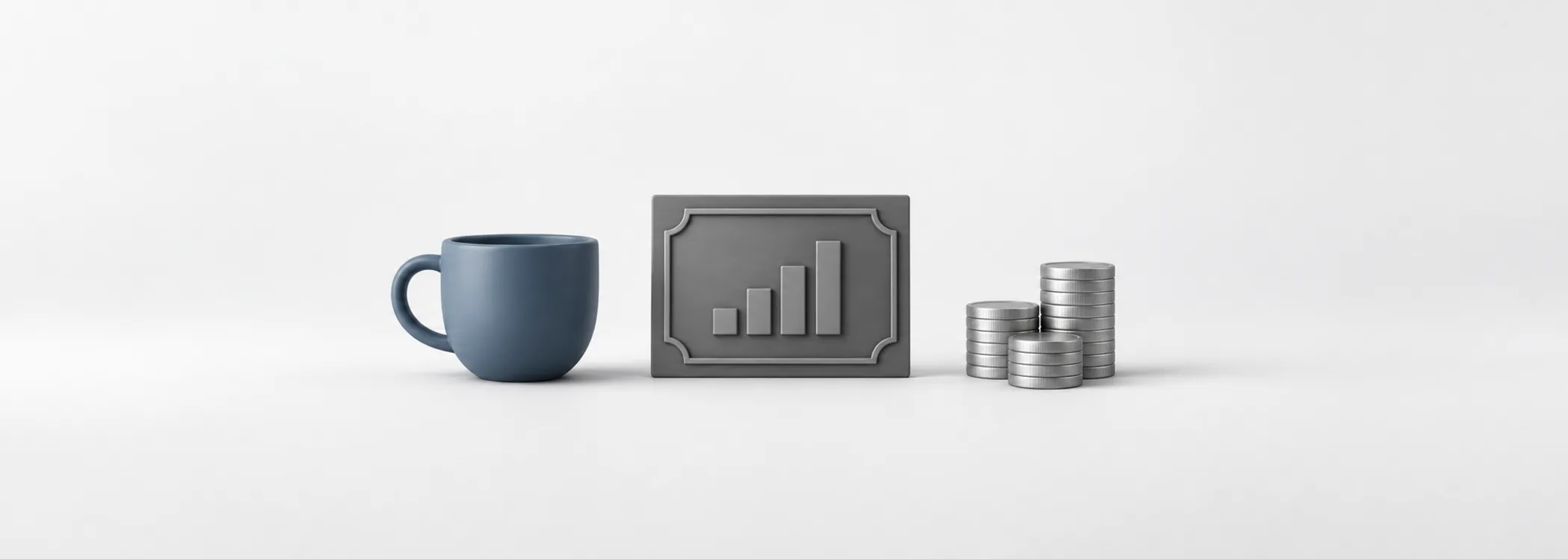 A steel-blue coffee cup, graphite share certificate and silver coins represent a business paying cash to its owners.