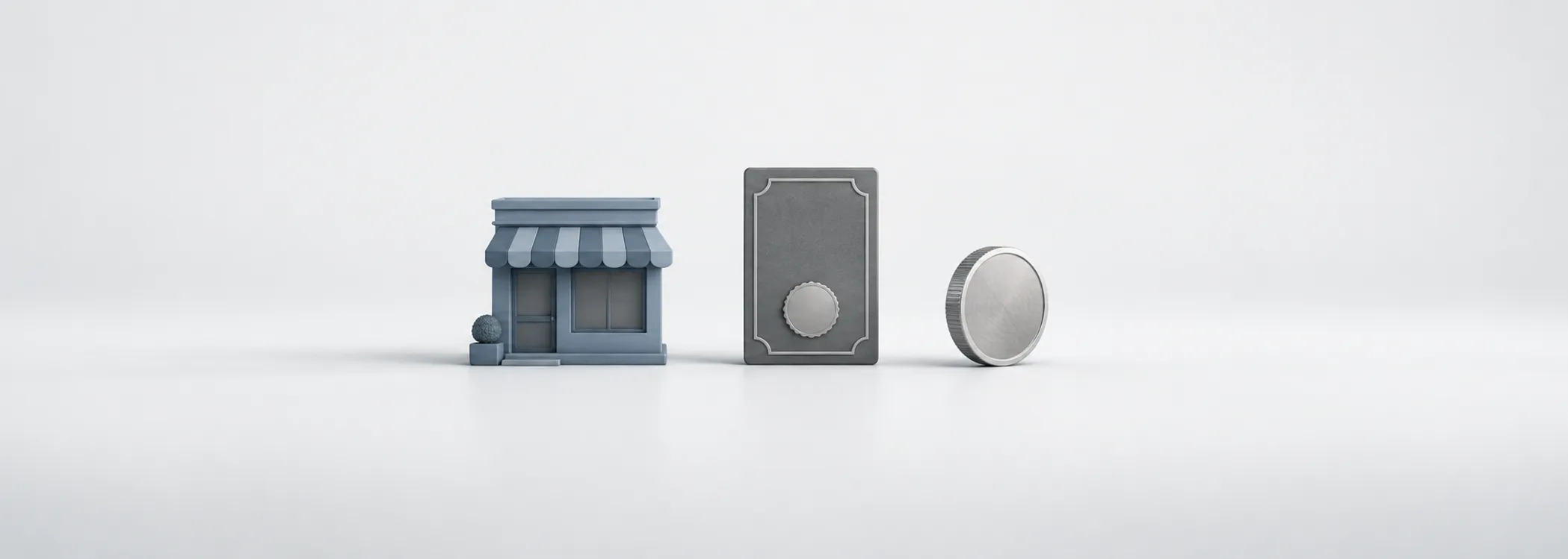 A steel-blue coffee shop, graphite share certificate and silver coin represent a business, ownership and a cash dividend.