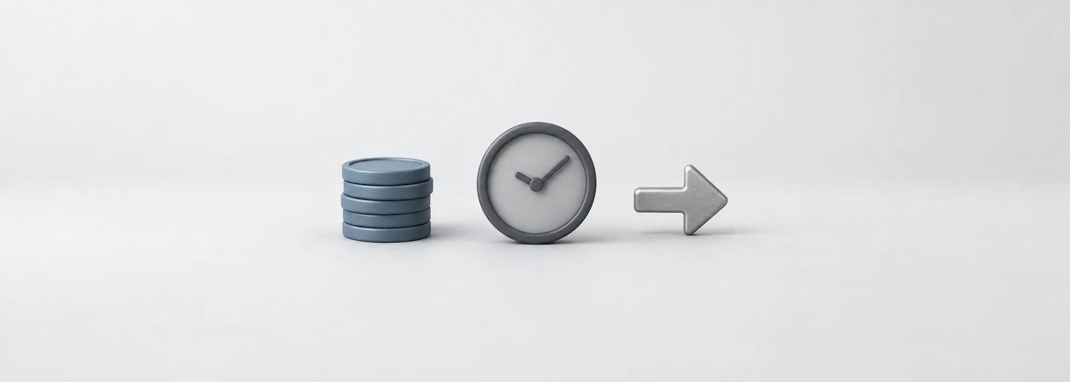 A steel-blue coin stack, graphite clock and silver arrow represent the price of using money over time.