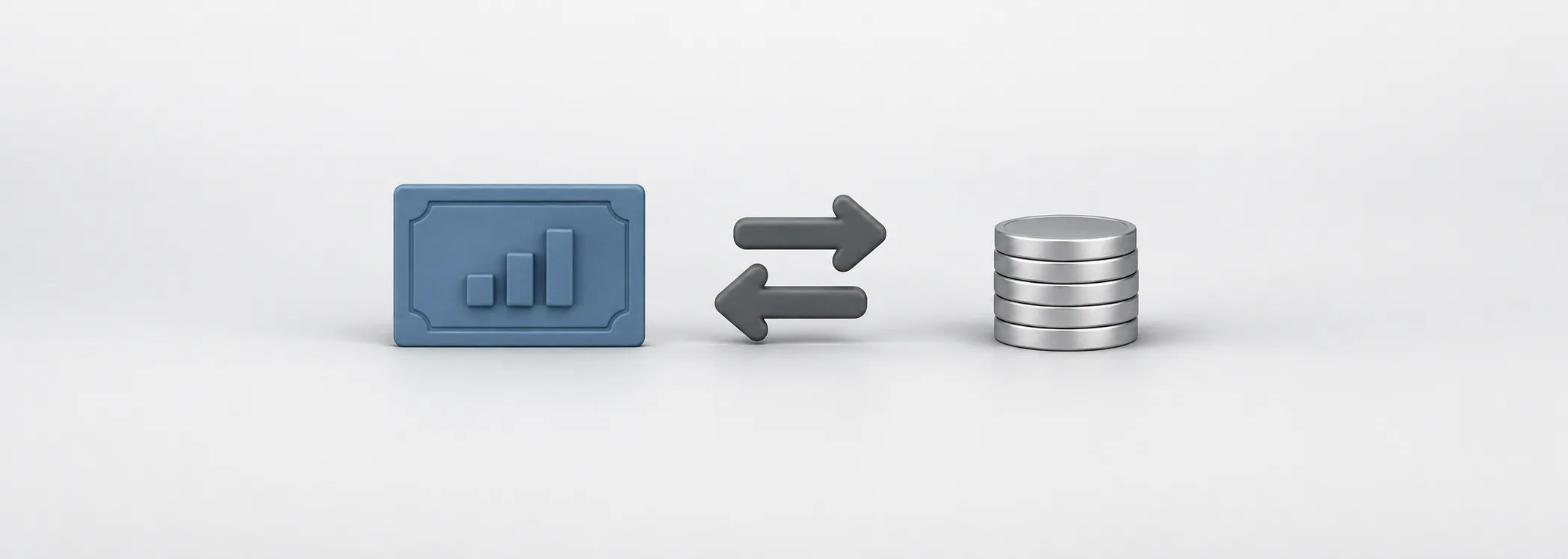 A steel-blue share certificate, opposing graphite arrows and silver coins show shares and money changing hands.