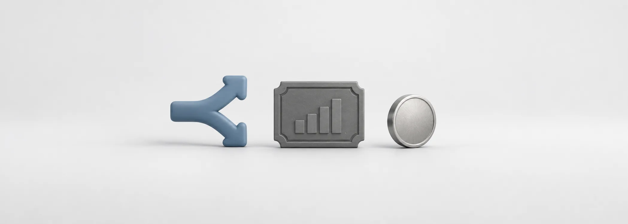 A steel-blue branching path beside a graphite stock certificate and a silver coin, representing choices about a holding.