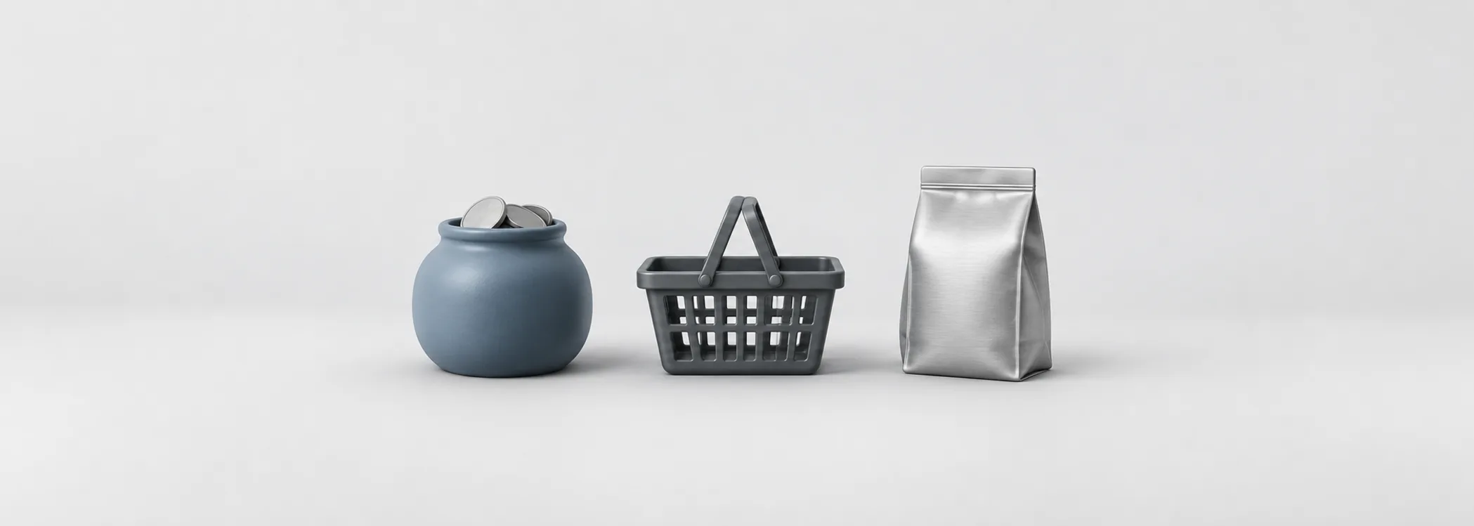 A steel-blue coin jar, graphite shopping basket and silver coffee pouch represent saving, spending and productive business.