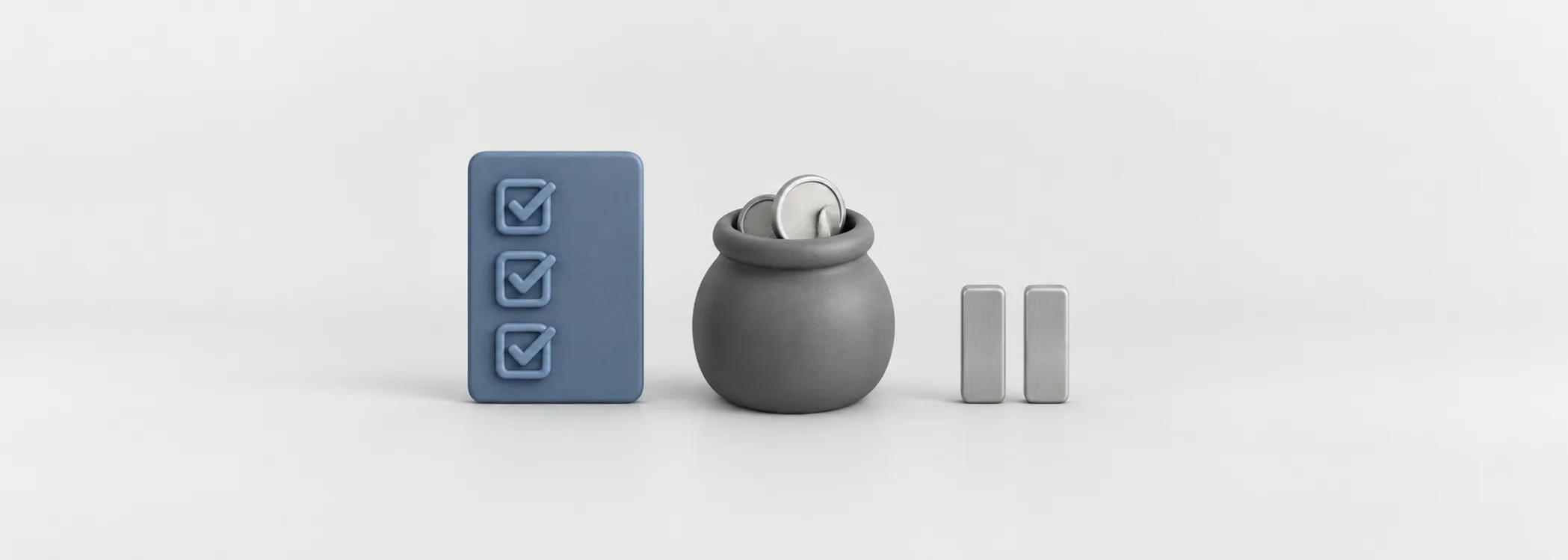 A steel-blue checklist, graphite coin jar and silver pause symbol, representing a plan with room to wait.